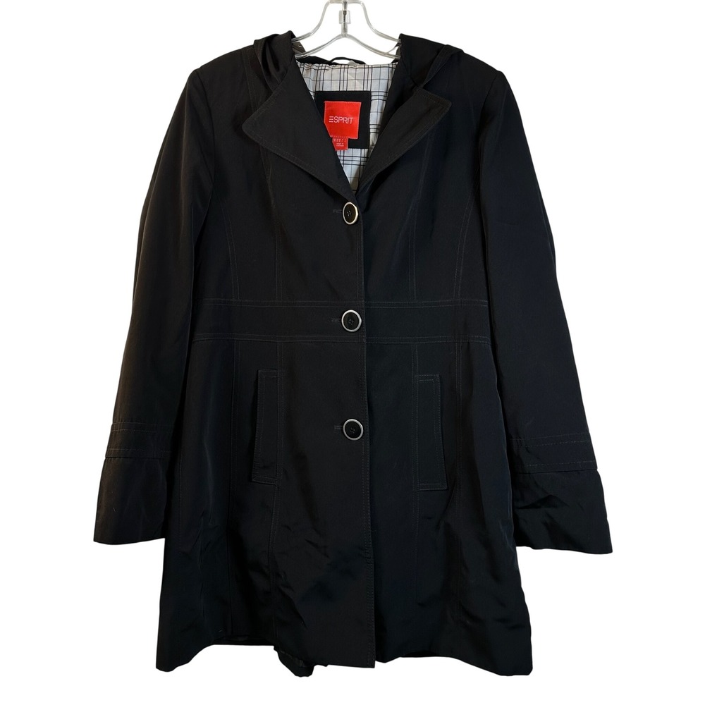Esprit Black Hooded Trench Coat Mid Length Button Front Jacket Womens Size M